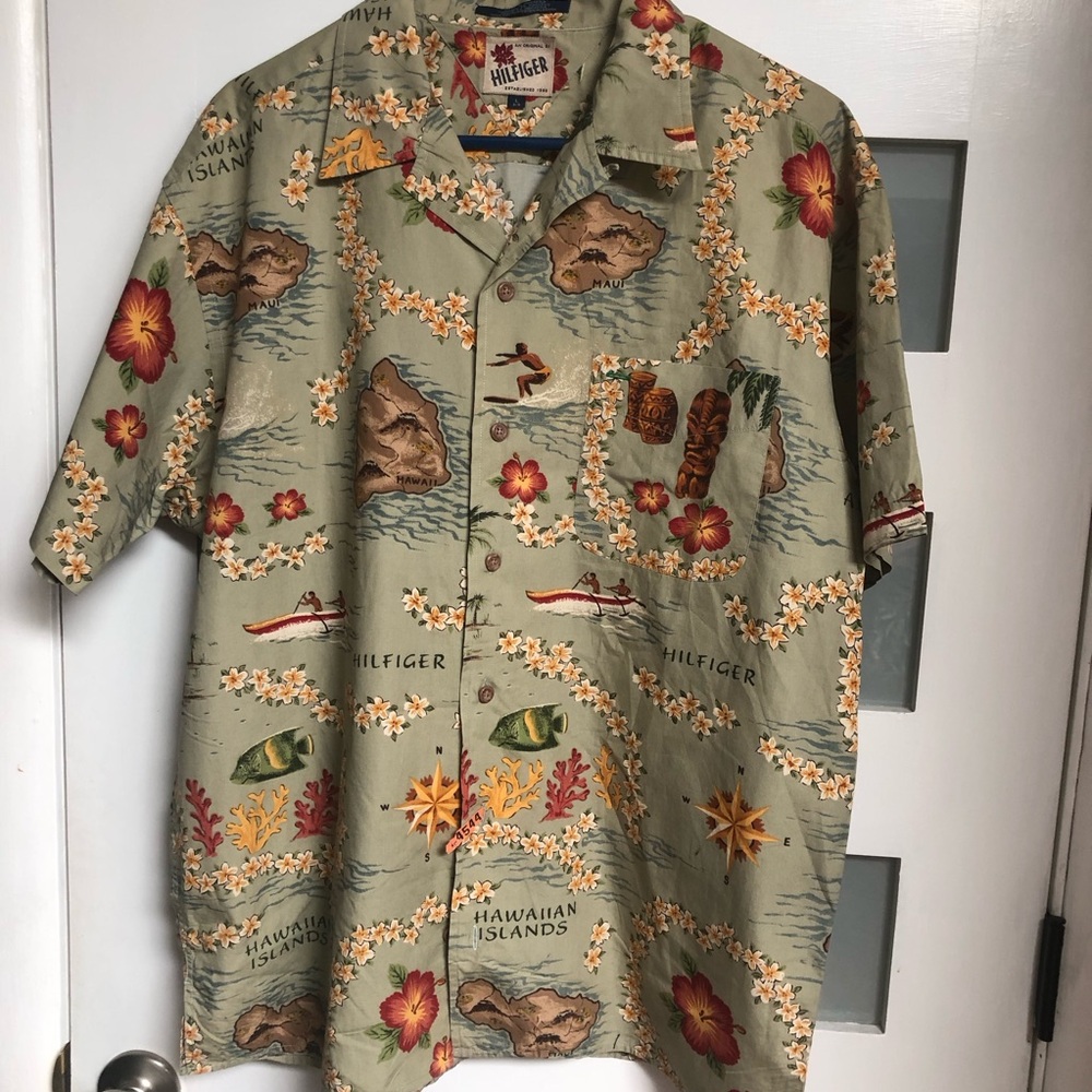 Tommy Hilfiger Men's Hawaiian Print Shirt - Olive and Red